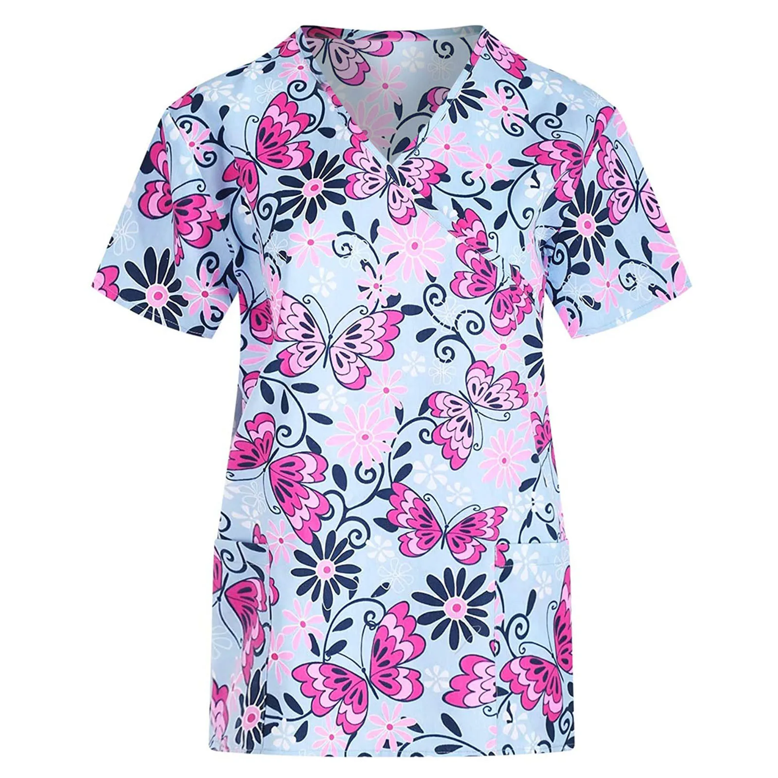 

Working Nurse Uniform Tops Butterflies Flowers Print Short Sleeve V Neck New Clothes Nursing Blouse for Women Mukoti Yunifomu