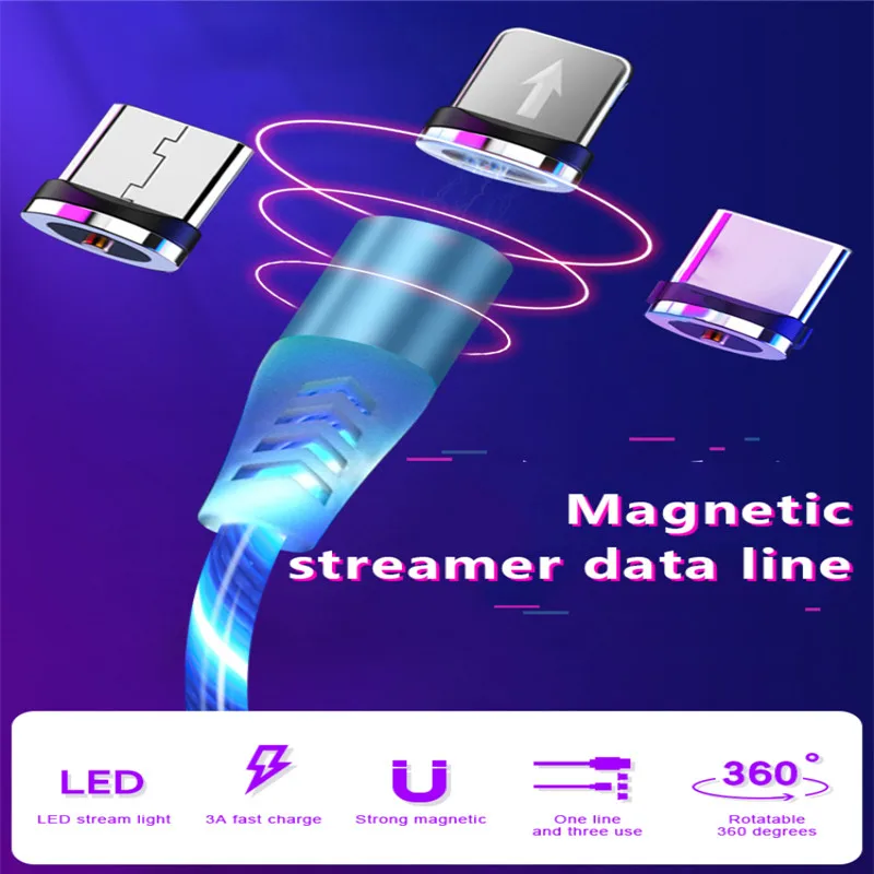 Оптовая продажа СВЕТОДИОДНЫЙ Красочный стример Магнитный кабель Micro USB type C 2.4A