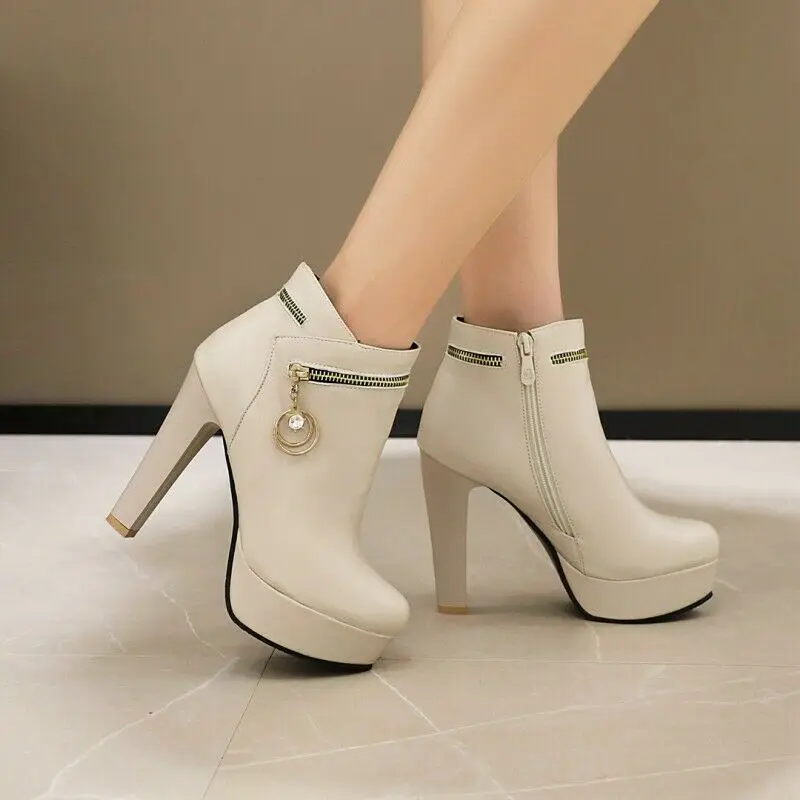 

Women's Zip Up Block Heel Round Toe Princess Style Sweet Ankle Boots 4 Colors