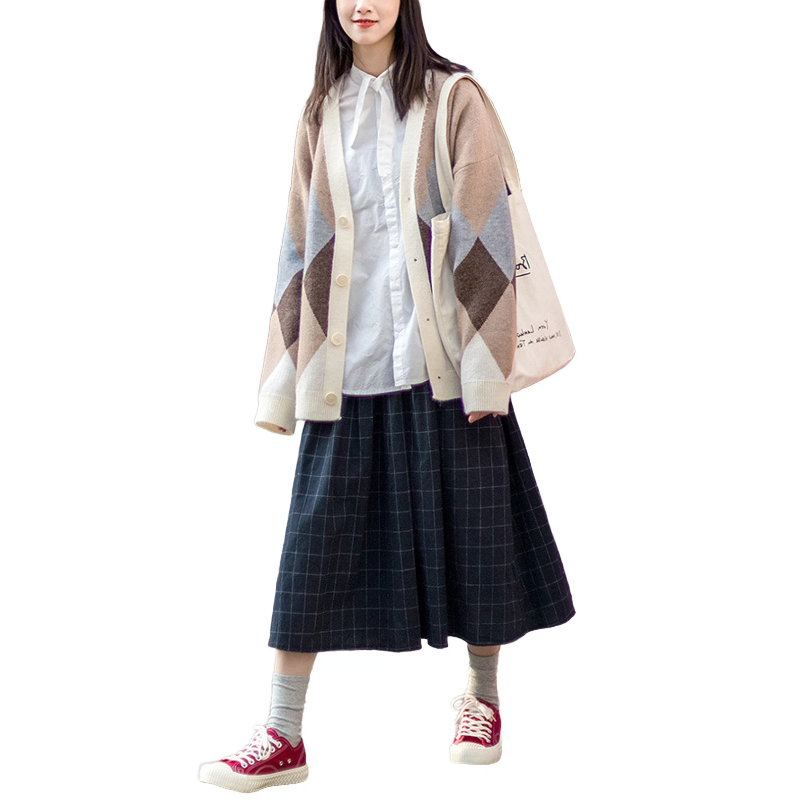 

Women’s Button Down Knit Sweater, Long Sleeve V Neck Argyle Pattern Loose Cardigan