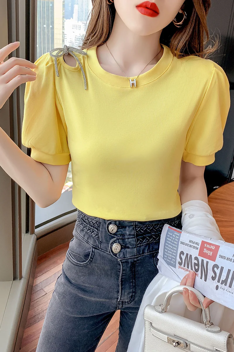 

T-shirt short sleeve with crystal knot, solid color, slim, summer 2021