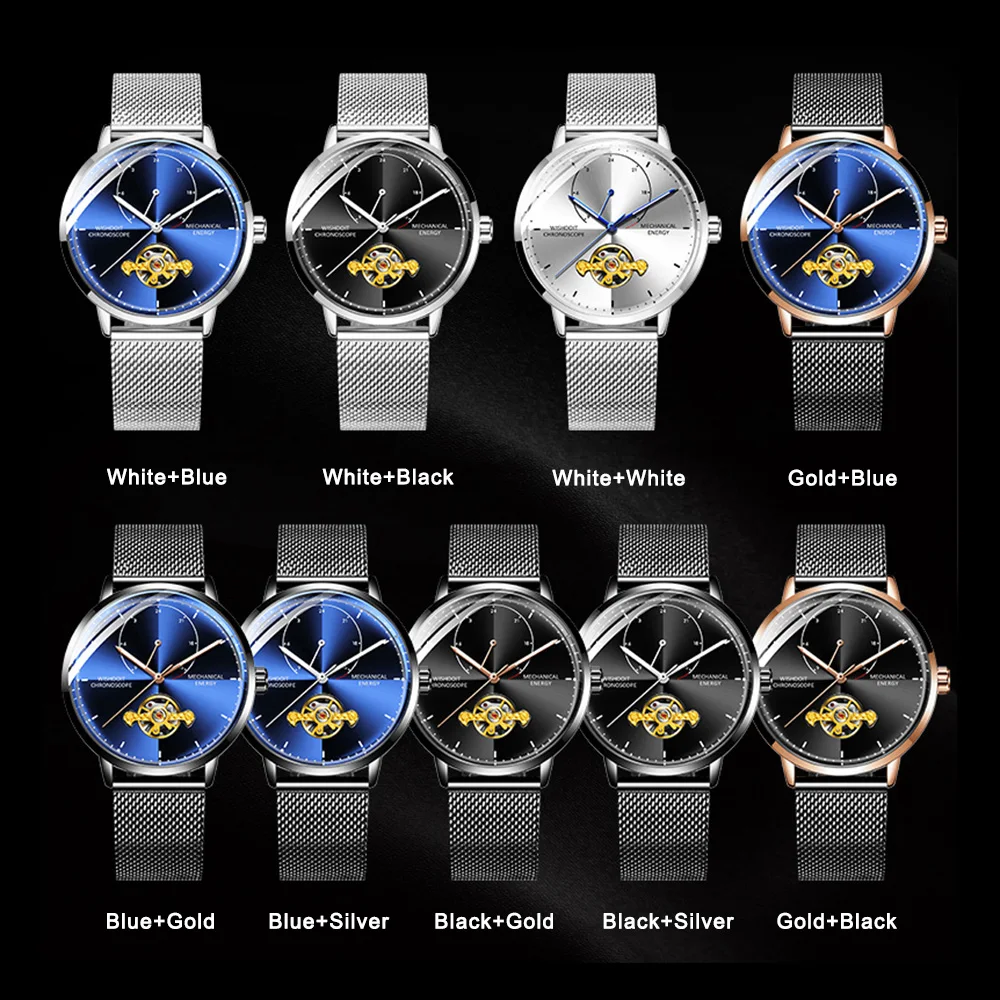

Men's Automatic Mechanical Watches Tourbillon Casual Waterproof Watch Blue Dial Luminous Wristwatch Buckle Romantic Wristwatches