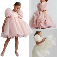 girl vintage dress tulle princess vestido puff sleeve pink wedding party birthday tutu dress children clothes