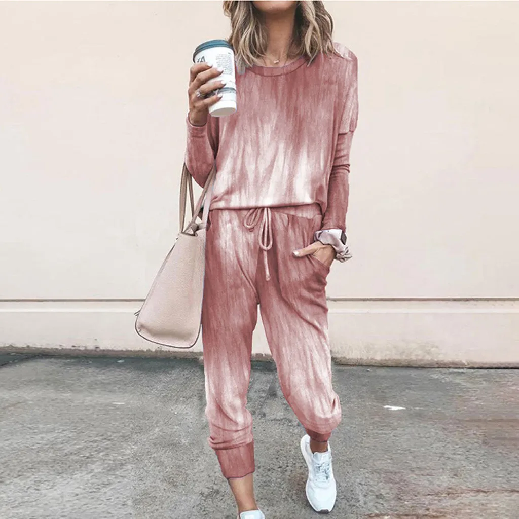 

Women's Sportwear Tracksuit Casual Fashion Solid Tie-Dyed Long Sleeve Top Tied Female Autumn Winter Pants Suit 2 Piece Set #40
