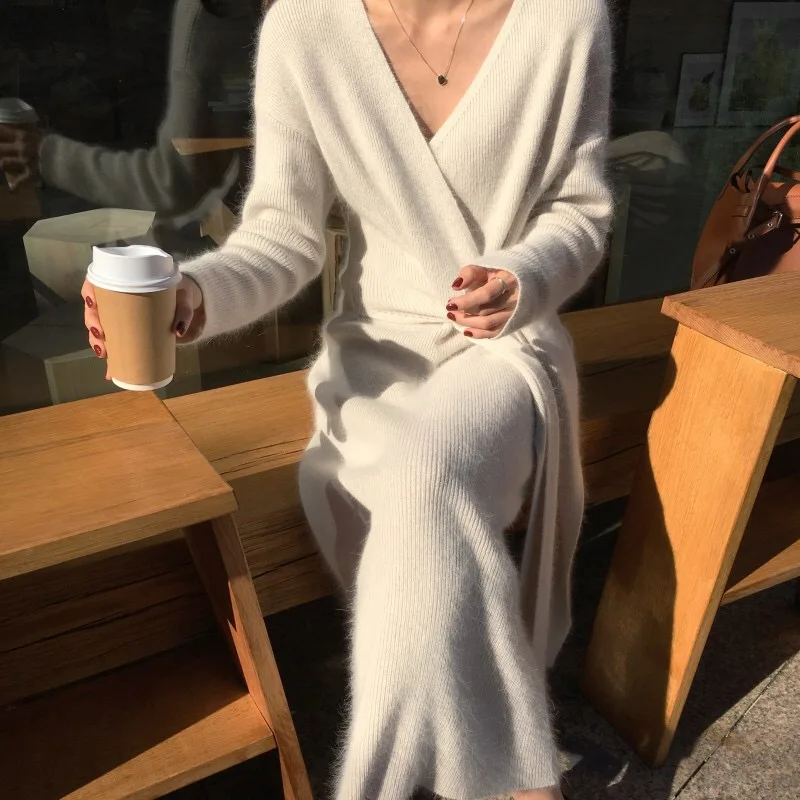 Korean Belted Cashmere Sweater Dress Women Office Lady V Neck Knitted Winter Warm Thick Party Plus Size Loose V953 | Женская одежда