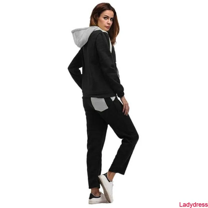 

2020 new Plus Size Colour stitched Sport Suit Women Cotton Hoodies Two Piece Outfits Tracksuits Sets Hooded Sweatshirt Pockets S