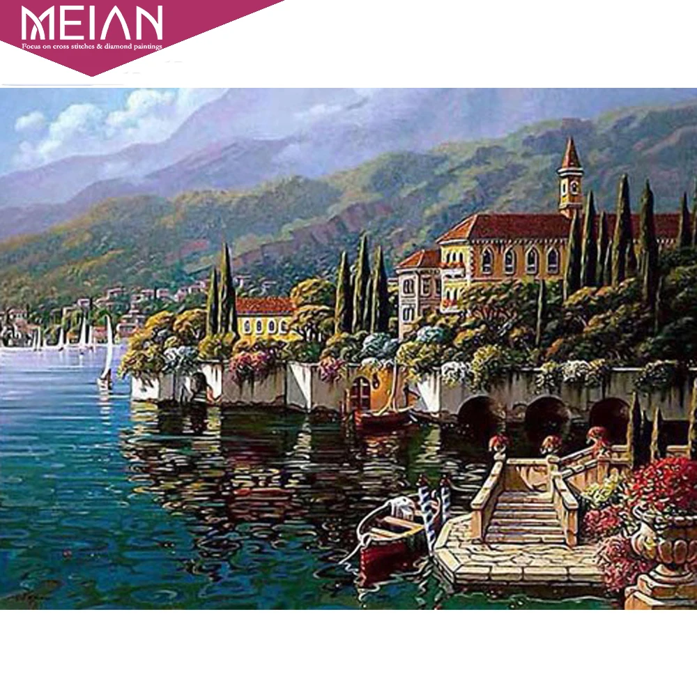 Алмазная вышивка MEIAN для приморского города 5D алмазная рукоделия живопись с
