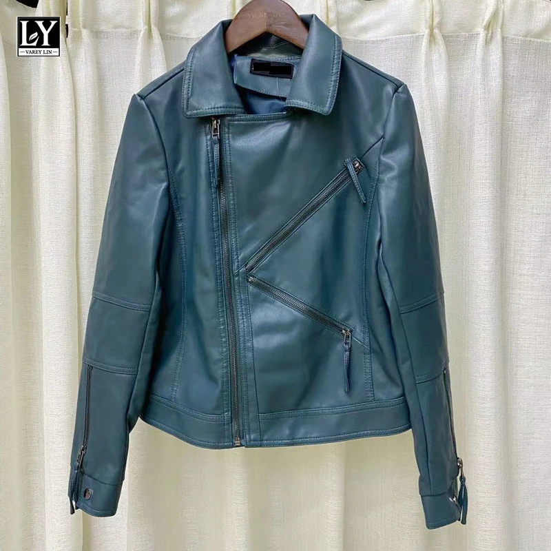 

LY VAREY LIN Spring Autumn Women Biker Jacket Street Lapel Collar Zipper Soft Pu Leather Jacket Fashion Long Sleeve Slim Coats