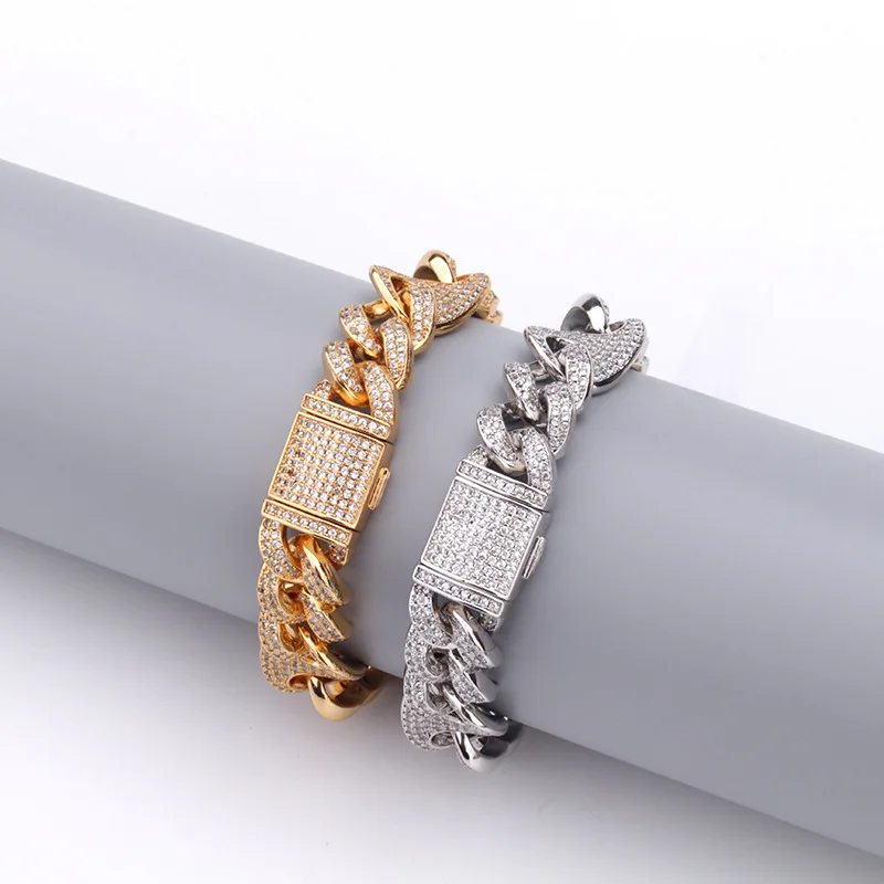 

Hip Hop Micro Paved AAA Cubic Zirconia Bling Iced Out Solid Coffee Bean Cuban Link Chain Bangle Bracelet for Men Rapper Jewelry