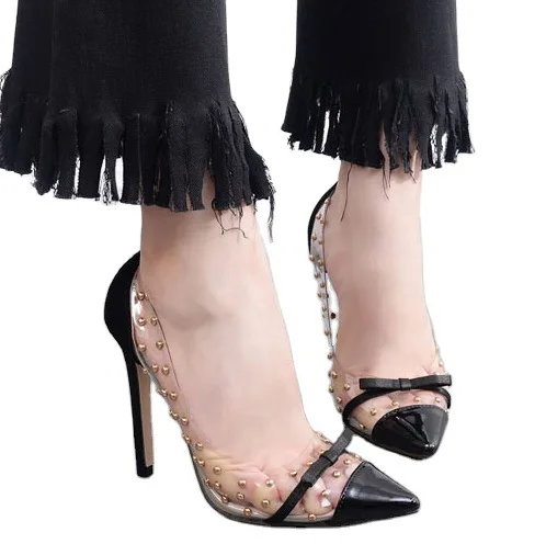 

Gold Heels Fine Heeled Shoes Pointed Pumps Sandals Ladies Slip On Transparent Stiletto Sweet Rivets Lace-Up Toe Casual Colored