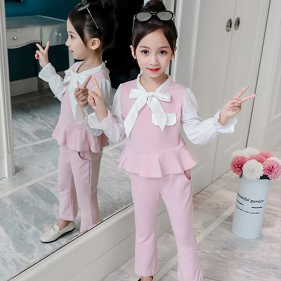 Детская одежда рубашка с оборками и штаны Одежда для девочек модная школьная из 3