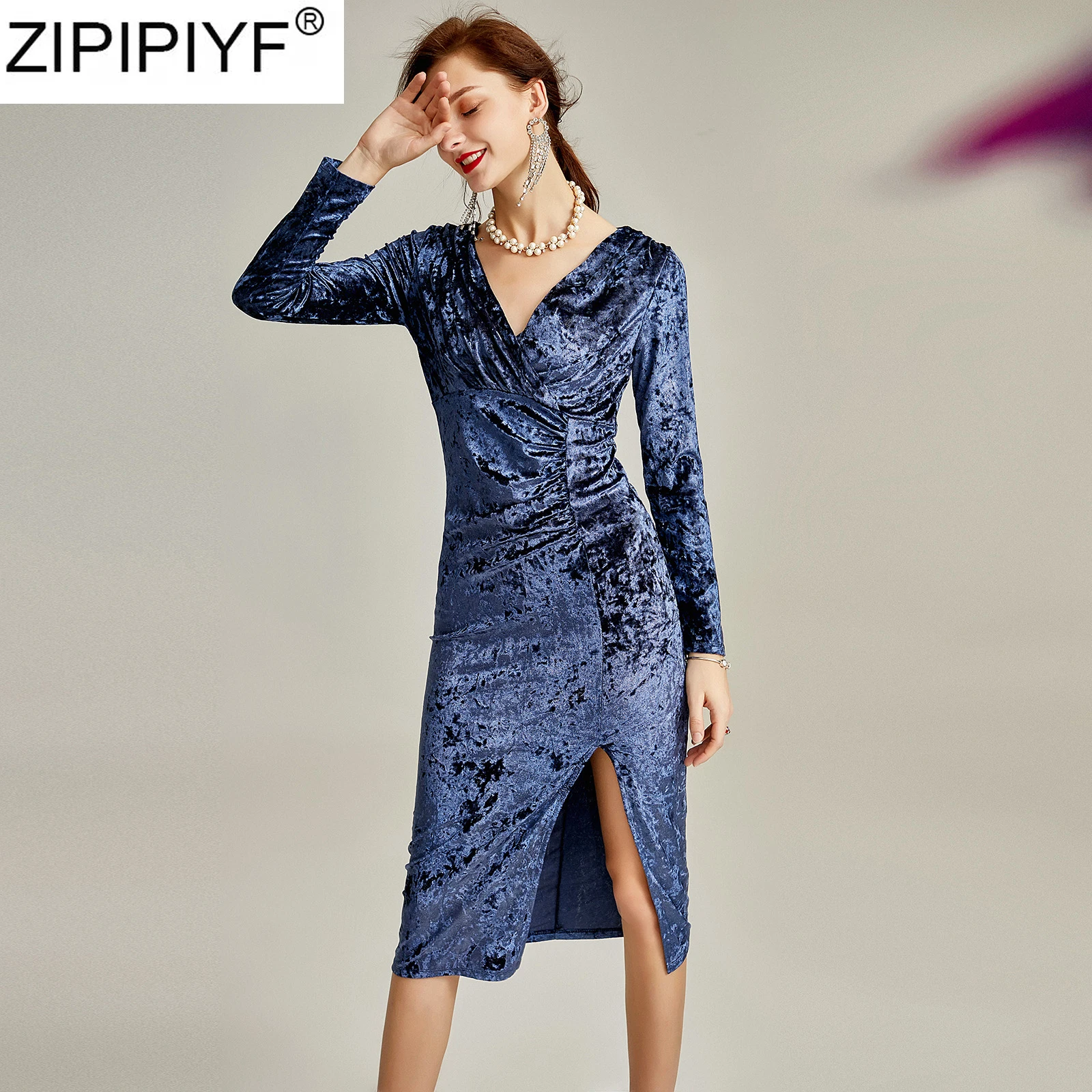 

2020 Fashion Women Velvet Dress Casual Solid Dress For Women V-Neck Long Sleeve Empire Knee-length Split Slim Dresses Ropa Mujer