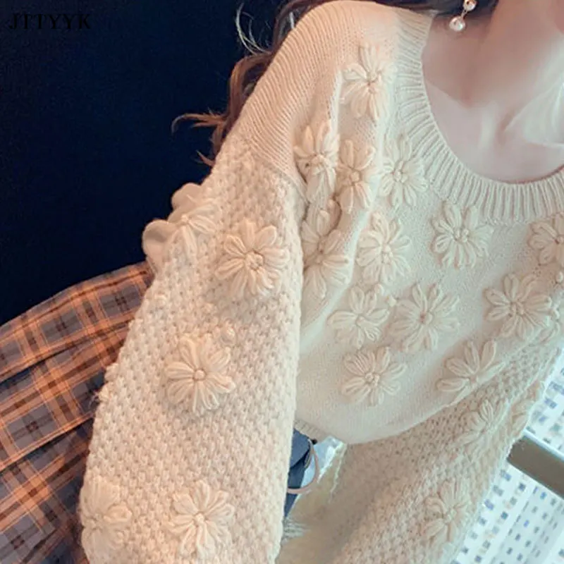 

Flowers Embroidery Knitted Sweater Women's 2021 Autumn Winter New Lazy Style Lantern Sleeve Pullover Sweater Female Outer Wear