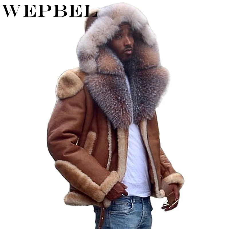 

Mandylandy Men's Leather PU Faux fur Jackets Autumn Winter Casual Motorcycle PU Jacket Coats Warm Fur Hooded Jackets Outwear Top