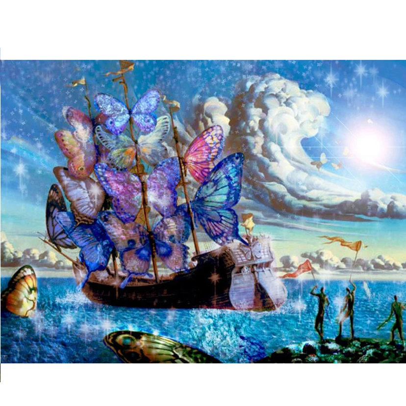 Фэнтези море пейзаж Стразы Алмазная Вышивка Бабочка лодка Живопись крестом
