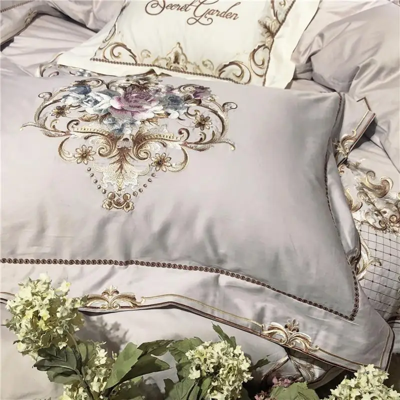 

39 Luxury chic gray egyptian cotton Bedding set 4pcs queen king size bedsheet/fitted sheet set embroidery duvet cover bed set