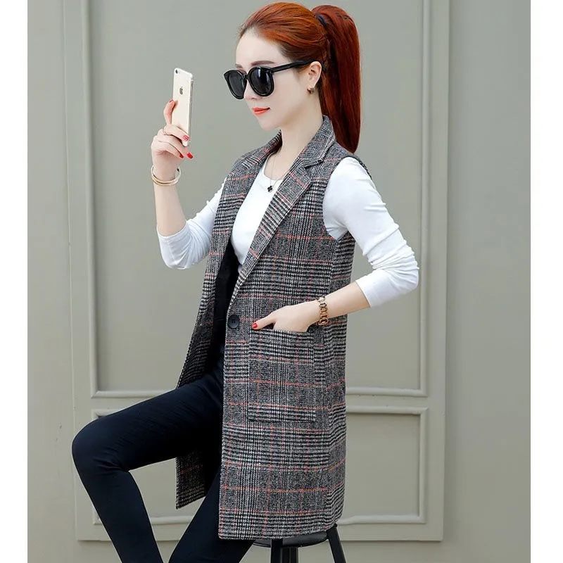 Oversize XXXL Fashion Women Casual Turn-down Collar Plaid Long Pocket Blazer Outwear Slim Quality Elegant Office Clothing Autumn