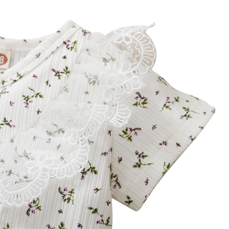 

2021 Summer Toddler Newborn Baby Girls Short-Sleeved Lace Floral Print Romper Baby Clothing Jumpsuit 0-18M