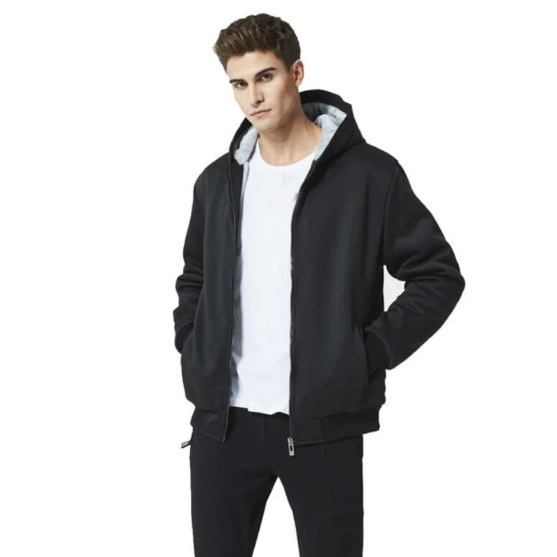 Мужские флисовые толстовки черные с капюшоном плотное зимнее теплое серое