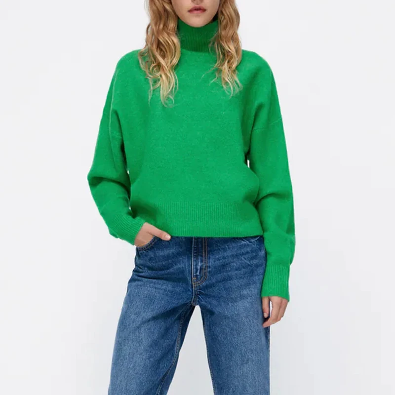 

Za Women Sweater Pullover 2021 Autumn New Fashion Simple Half High Neck Cotton Warm Sweater Women Casual Street Women Sweater