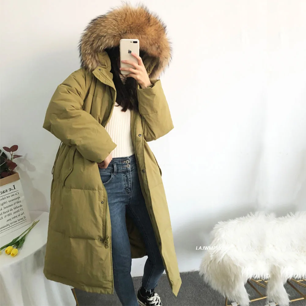 

New Winter Women Large Natural raccoon Fur Hooded Long Parka 90% White Duck Down Coat Female Loose Warm Long Puffer Jacket