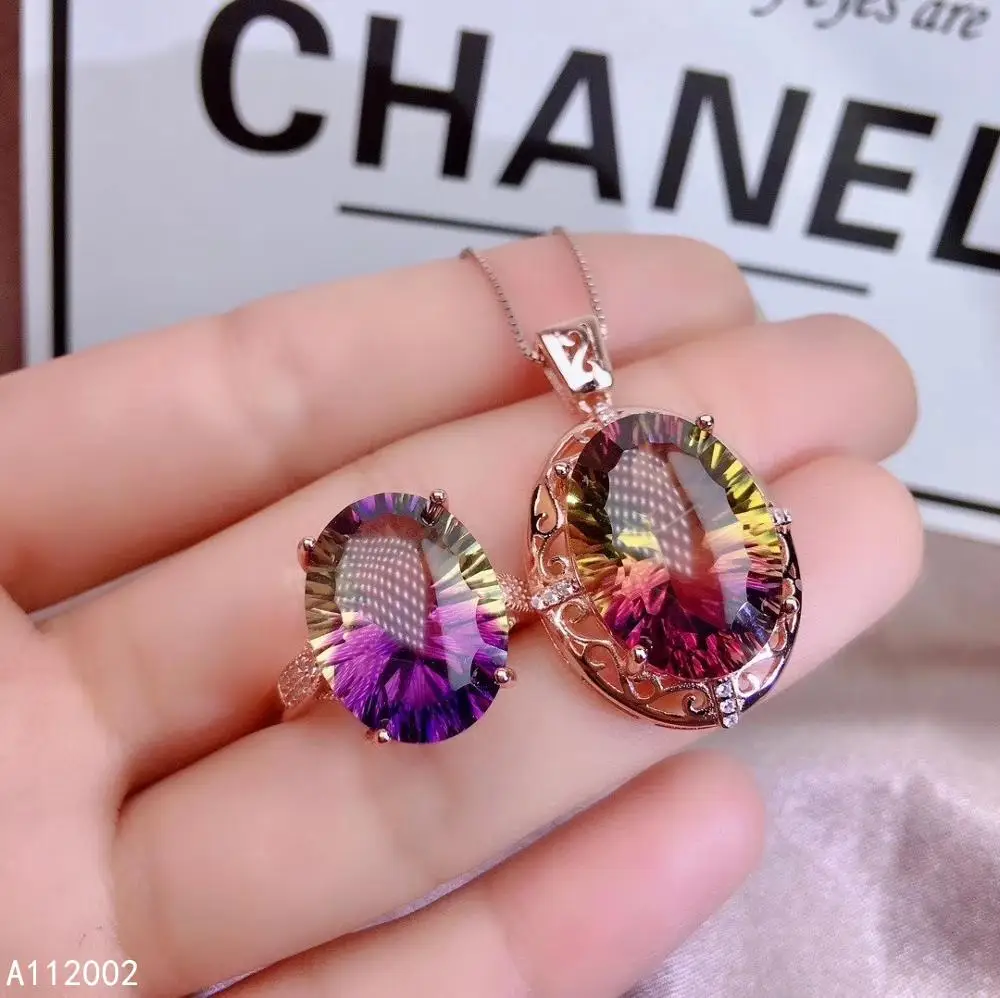 

KJJEAXCMY Fine Jewelry Ametrine 925 Sterling Silver Women Gemstone Pendant Necklace Chain Ring Set Lovely Hot Selling MARRY