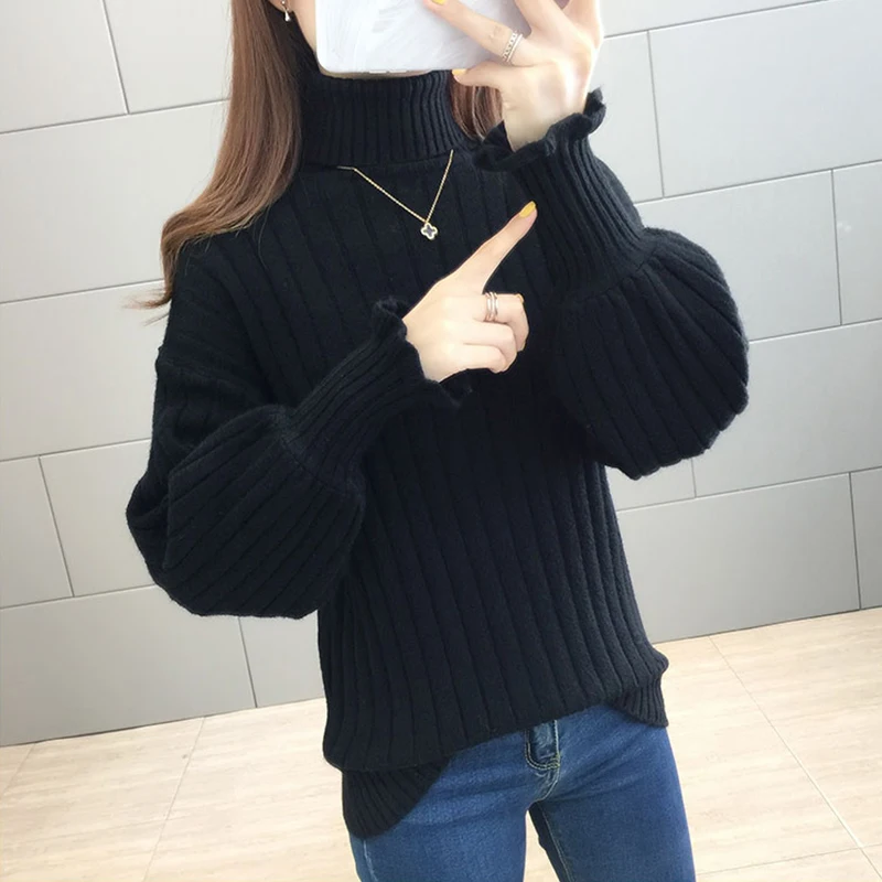 

Women's Sweaters Autumn Winter Thick Solid Long Lantern Sleeve Ladies Jumper Turtleneck Casual Loose Knitted Tops for Female