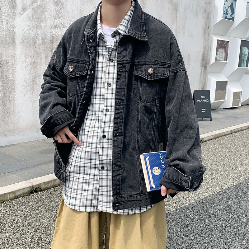 

Autumn Blue Black Denim Jacket Men's Fashion Pocket Casual Harajuku Denim Jacket Mens Streetwear Loose Hip-hop Bomber Jacket Men
