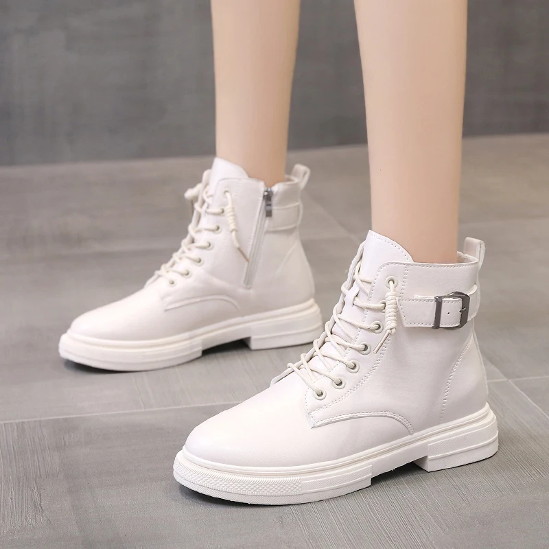 

Spring Autumn Fashion Women Boots Square High Heels Platform Buckle Lace Up Pu Short Booties Winter Ladies Shoes 2021 White