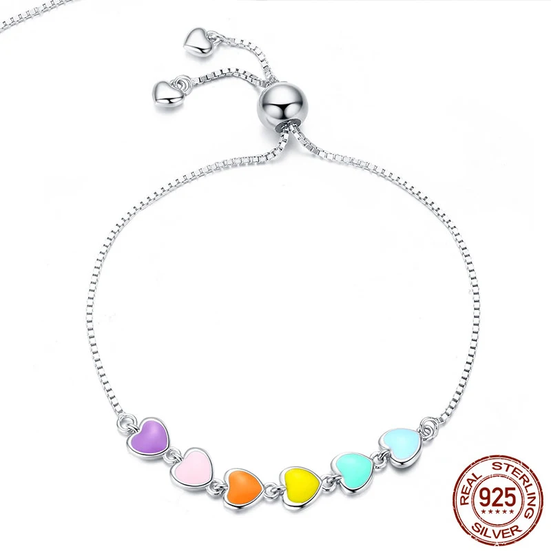 

Rainbow Color Enamel Heart Bracelet for Women Heart-shape 925 Sterling Silver Chain Bracelet Anti-allergy Jewelry