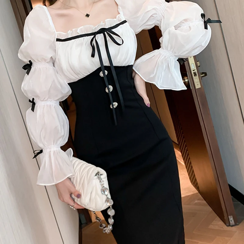 

new arrival fashion women party night club dress sweet sexy temperament lantern sleeve slim black white midi pencil dress