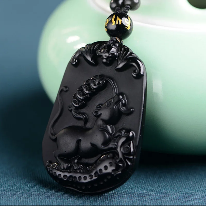 Натуральная Подвеска из черного обсидиана резной китайский талисман мышь