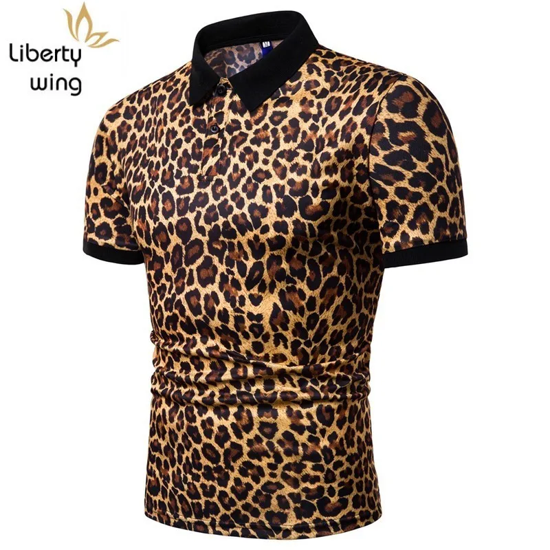 

2020 New Brand Men Leopard Printing Short Sleeve T-Shirts High Quality Lapel Male Tees Korean Fashion Slim Summer Tops Harajuku