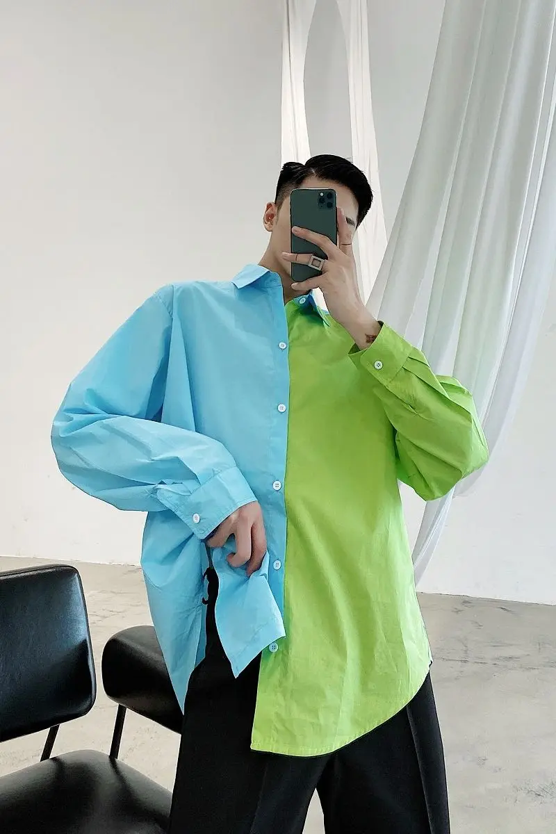 

Men's shirt 2020 summer new slim solid color two-color splicing long-sleeve shirt loose leisure personality youth men's wear