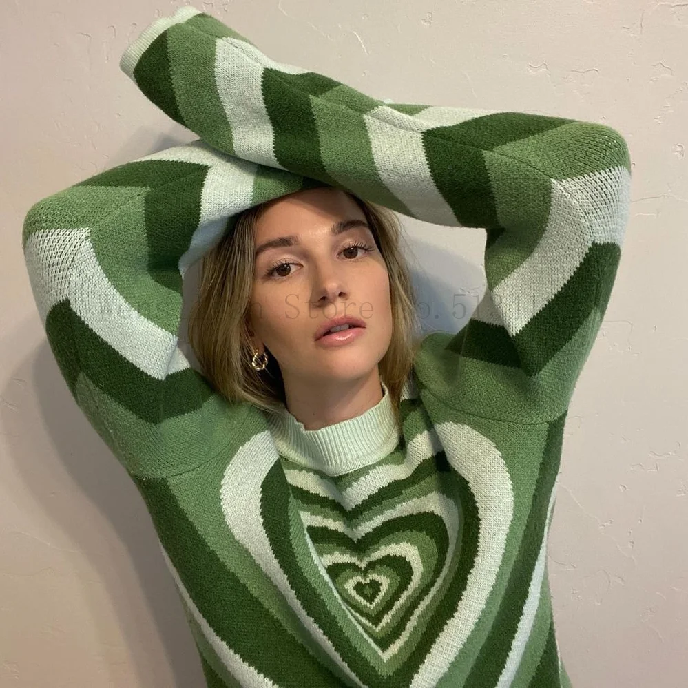 

Y2K Aesthetics Sweater Women Heart Striped Turtleneck Sweaters E-girl Sweet Pullovers Long Sleeve Hot Green Sweater 90s Knitwear