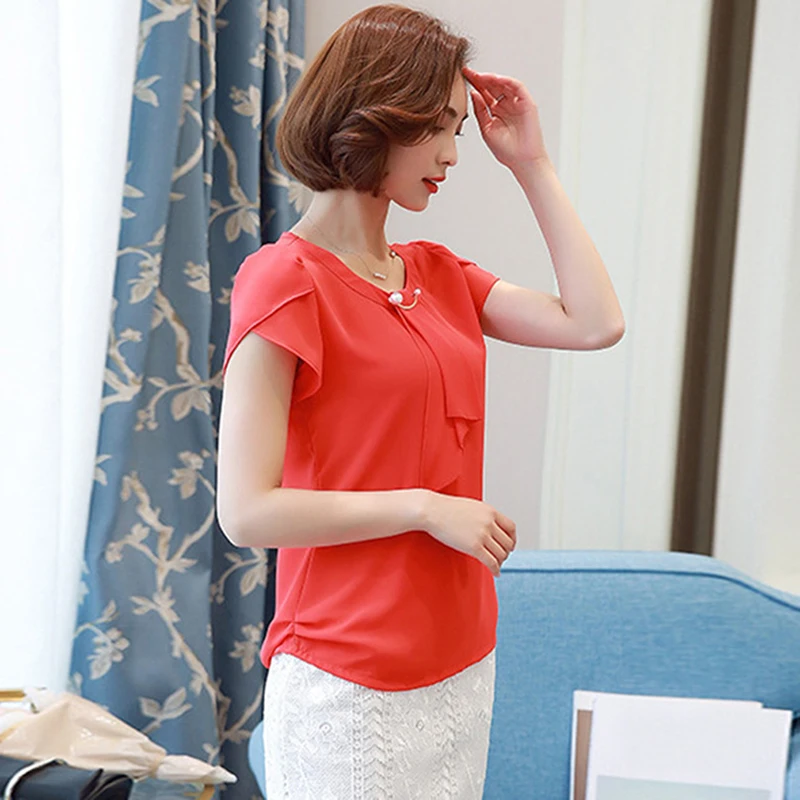 

Summer Solid Chiffon Blouse Shirt Women Tops Short Sleeve Shirt Women Ladies Office Blouses Fashion Blusas Chemise Femme