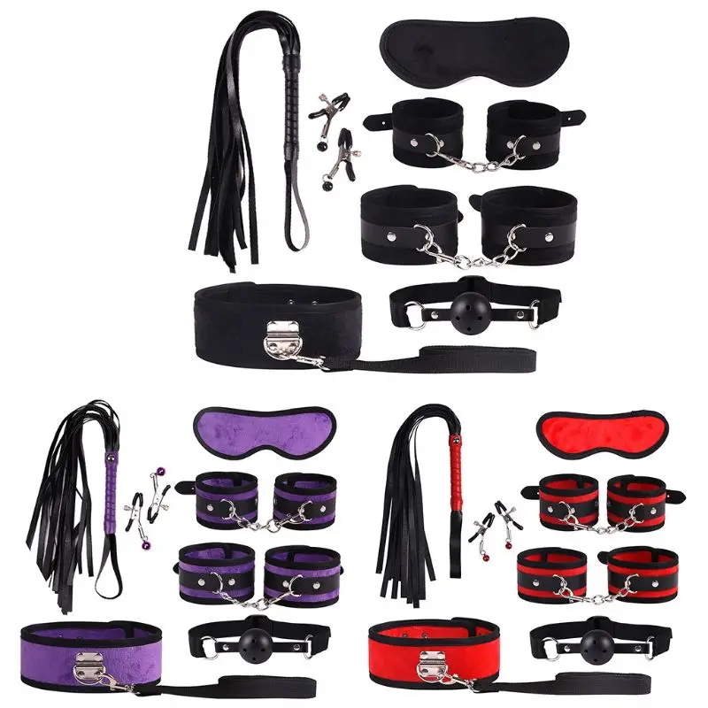 

7Pcs BDSM Bondage Set Plush Handcuffs Ankle Cuffs Whip Collar Blindfold Hollow Ball Mouth Gag Nipple Clips Adult Sex Toy