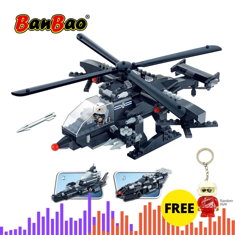 Строительные блоки BanBao 3 в 1 военный вертолет армейский боец военные машины