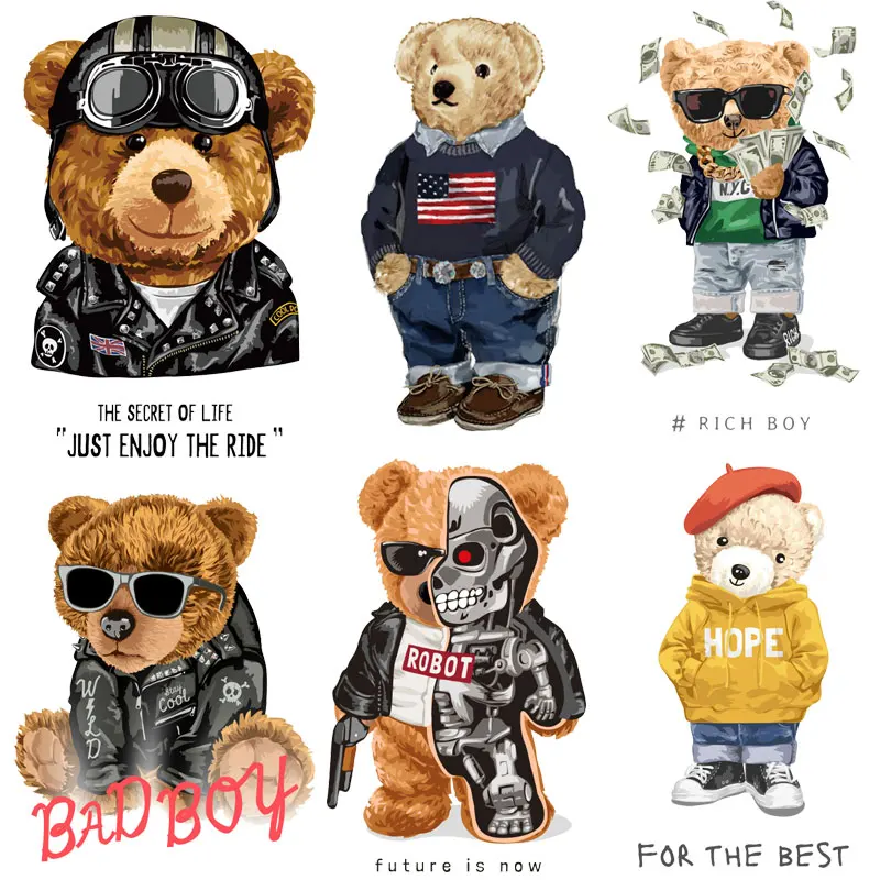 

Cool Bear Patches for Clothing Jackets Diy Iron on Transfers on Clothes T-shirt Letters Animal Stripes Themo Stickers Appliques