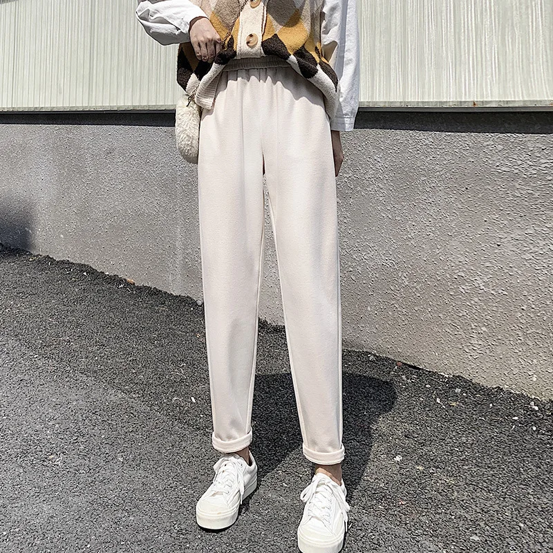 

Зимние плотные вельветовые брюки для женщин 2020 бежевые прямые брюки с эластичным поясом свободные брюки-султанки женские брюки до щиколотк...