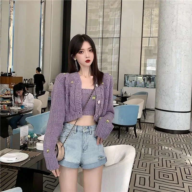 2019 Autumn Solid Knitted Cardigan Casual Lantern Sleeve Two Pieces Sweaters Single-Breasted Short Sweater Jacket |