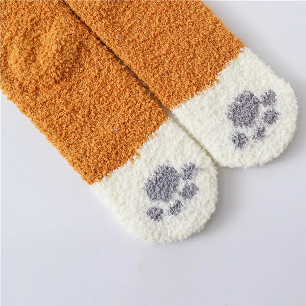 

3paris of plush coral fleece socks female tube socks autumn and winter cat claws cute thick warm sleeping floor sleep socks lady