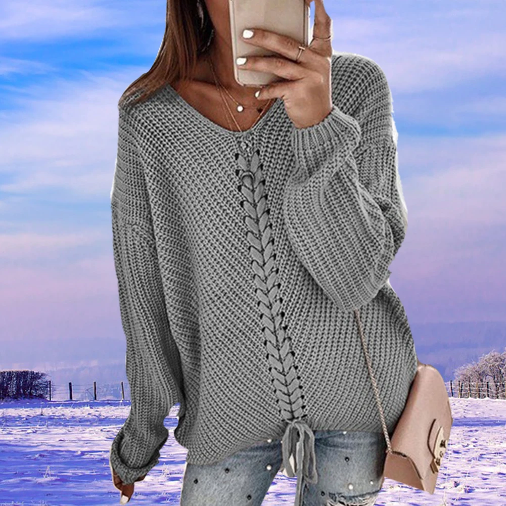 Warm Dating Drawstring Casual Long Sleeve Loose Soft Daily Women Sweater V Neck Solid Fall Travel Shopping | Женская одежда