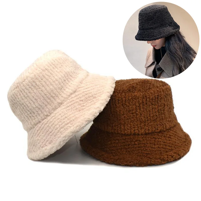 

Шапка-ведро шапка из искусственного меха однотонная осенне-зимняя плотная теплая плюшевая женская шапка-ведро шерстяная флисовая женская ...