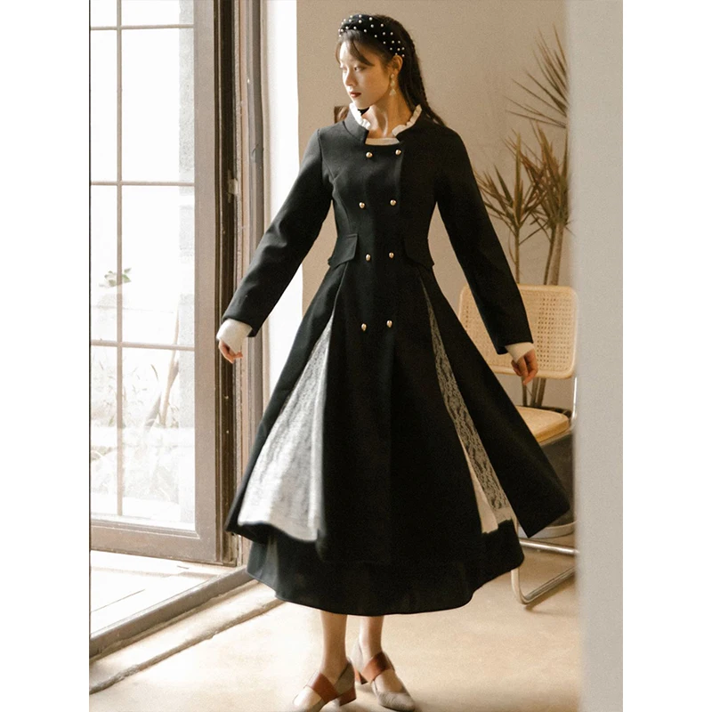 

куртка зимняя женская Autumn Winter Women coat Woolen cloth Korean Elegant Lace patchwork Double breasted Black female overcoat
