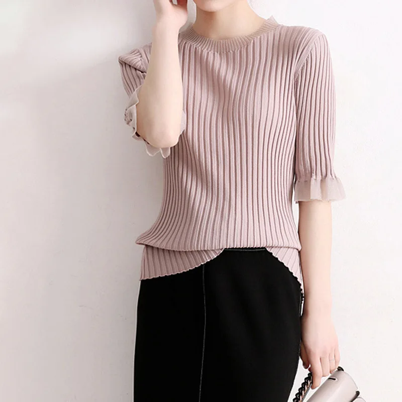 

O-neck Ruffles Patchwork All-match Knit Blouses 2021 Spring Elegant Fashion Sweater Office Lady Casual Soft Women Top Clothing