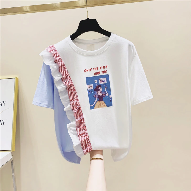 

Striped Stitching Printed Letters Ruffled Short-sleeved Women's Summer 2022 Korean Loose Color Splicing Top Ladies T-shirt