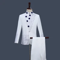 chinese tunic suit retro chinese style white with blue rhinestones jacket straight pants 2 pieces set stand collar coat trousers
