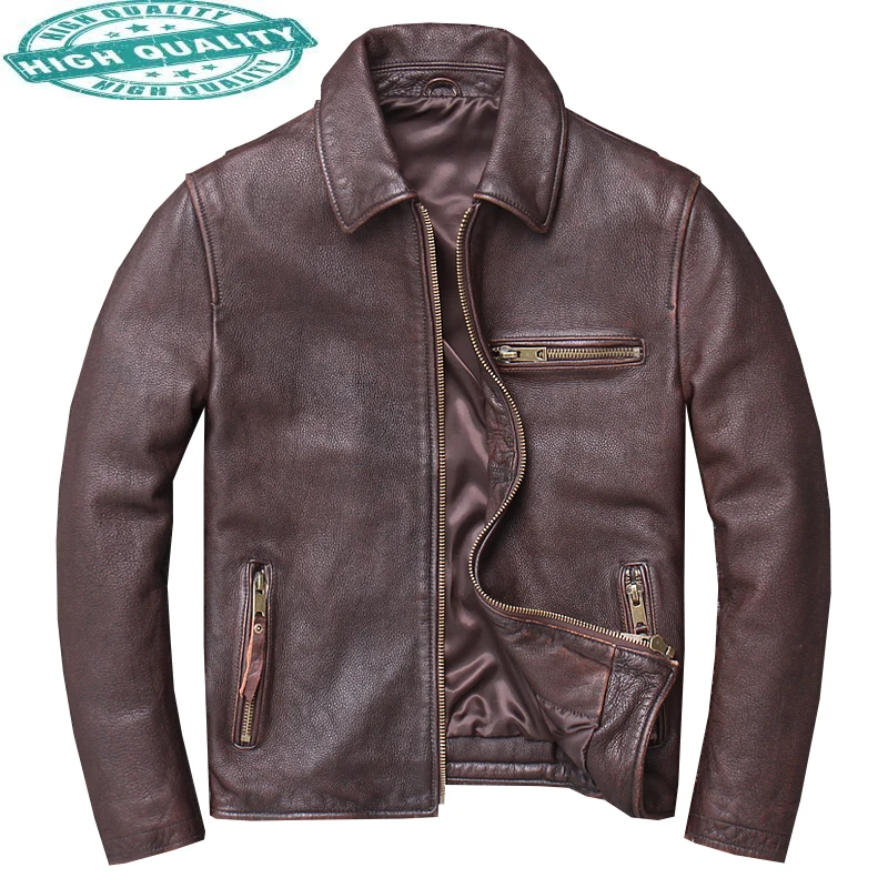 

Jackets Leather Vintage Genuine Cowhide Jacket for Men Style Brown Slim Biker Coats New Chaqueta Cuero Hombre SQQ336