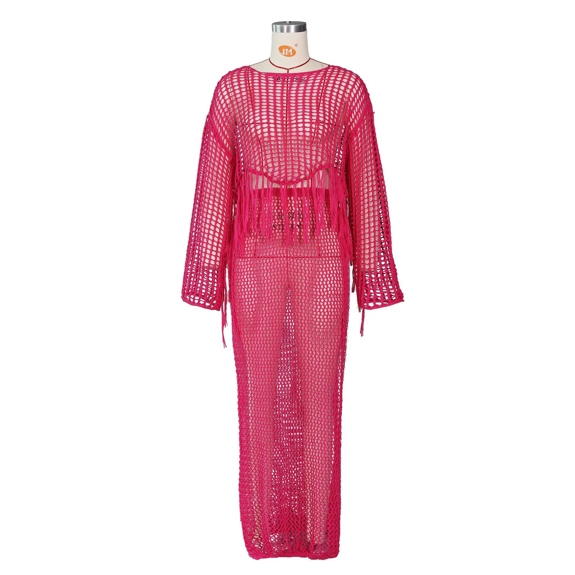 Rose Red Beyprern женский длинный рукав кисточка бахрома вязаный крючком Макси юбка Набор Мода Высокий разрез ажурный Чехол Бикини Набор 2 шт - Цвет: Rose Red